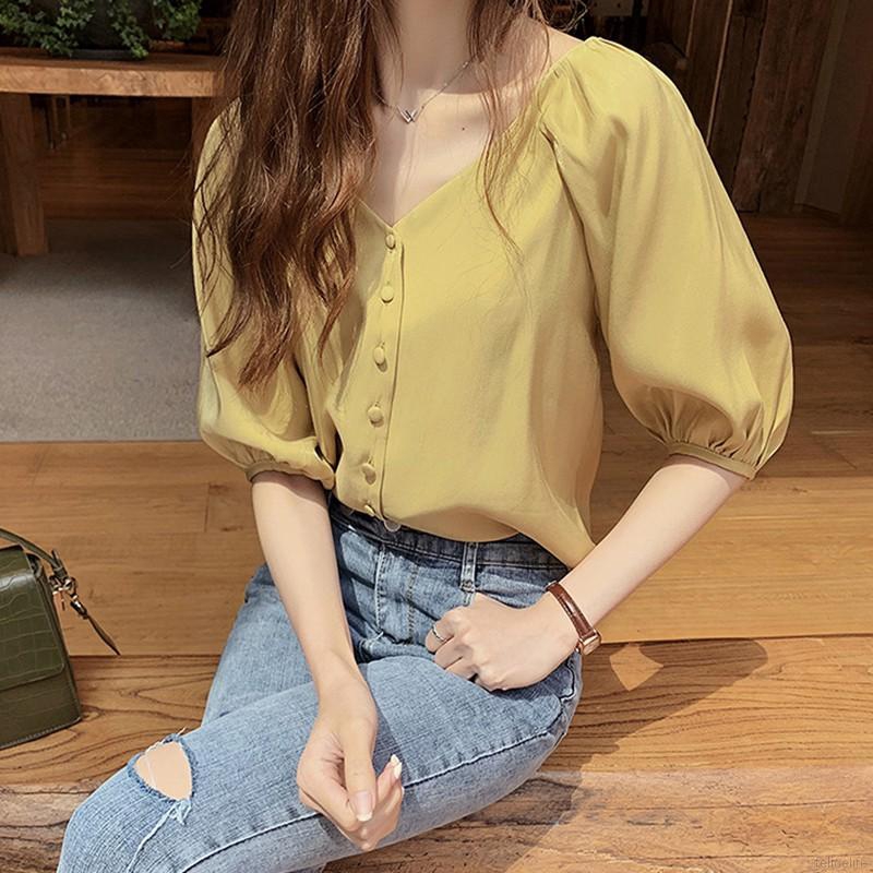 Áo kiểu chất Chiffon tay ngắn cổ chữ V phối nút thanh lịch