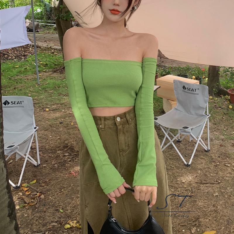 Áo croptop chui đầu tay dài cổ thuyền màu trơn màu trắng/xanh lá/tím thời trang mùa hè