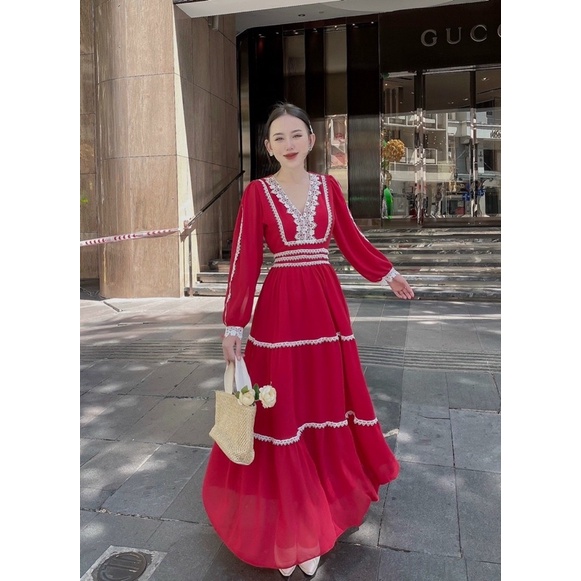 Maxi voan tay dài phối ren trắng đỏ vàng, đầm váy thời trang nữ tiểu thư dễ thương đi chơi du lịch đi biển chụp hình