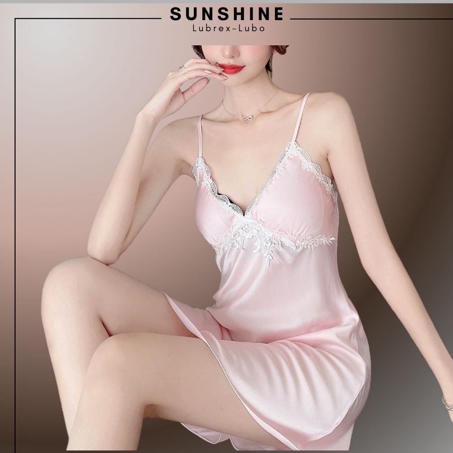 Váy Ngủ Lụa Sexy 2 Dây Satin Phối Ren Có Mút Ngực Quyến Rũ Gợi Cảm Màu Hồng - SUNSHINE LUBREXLUBO -VL165