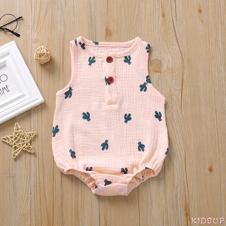 Bộ áo liền quần unisex không tay bằng vải cotton lanh hình xương rồng hợp thời trang mùa hè cho bé