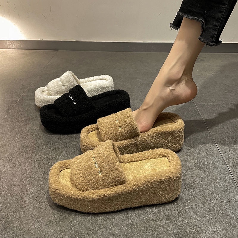 Dép Bông Đế Xuồng Siêu Cao Chống Trượt In Chữ Furry Dễ Thương Thời Trang Thu Đông Cho Nữ