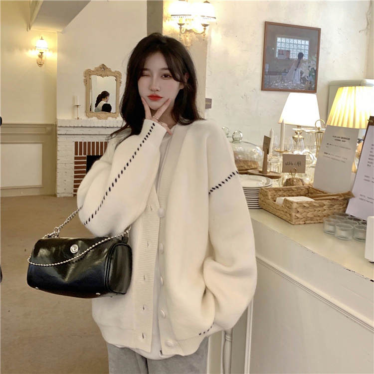 Áo khoác len cardigan nữ phối viền sọc đen trắng chất đẹp hàng Quảng Châu free size phong cách Hàn Quốc