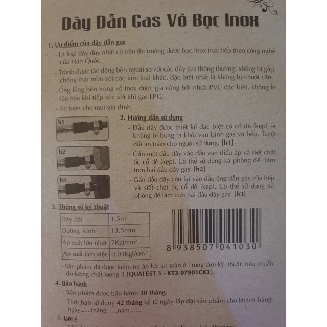 Dây dẫn gas vỏ bọc inox KOSHUDO (bảo hành 3 năm)