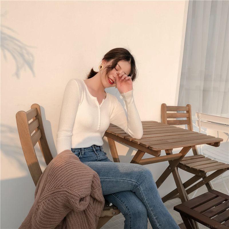 Women Retro Loose Autumn Wool Clothing V Collar Long Sleeve Knit Button Wild Thin Solid Color Sweater | BigBuy360 - bigbuy360.vn