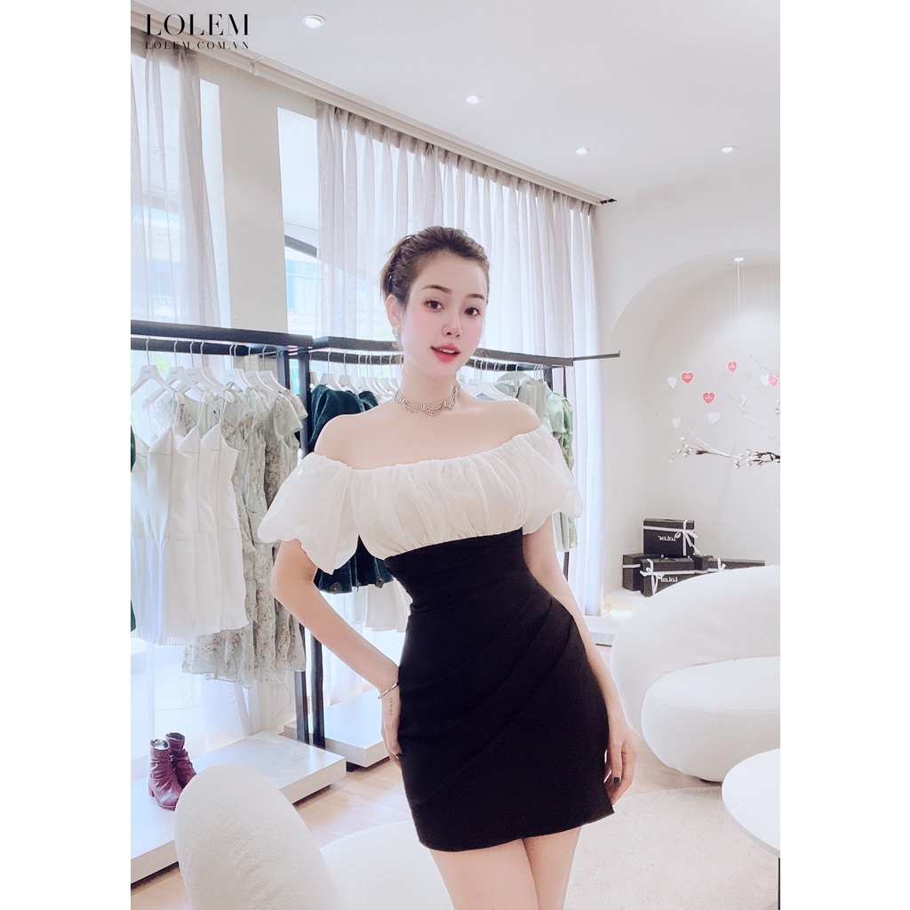 Đầm ôm body LOLEM DO173 chéo vạt trễ vai phối linen thân váy xếp ly 3D