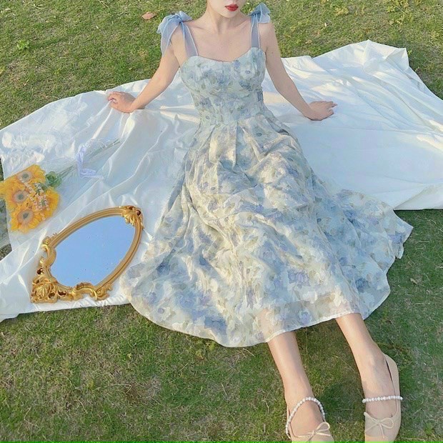 (Free Ship) ĐẦM VOAN HAI DÂY THẮT NƠ PHỐI HOA MÀU XANH BIỂN DUYÊN DÁNG NỔI BẬT TÔN DA CHUẨN HÀNG QUẢNG CHÂU UP Shop VLTN