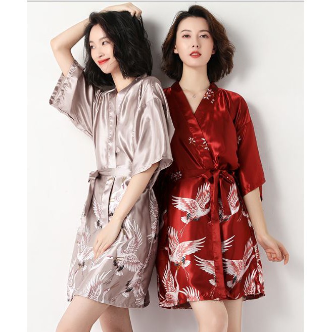 Áo Choàng Tắm - Kimono Ngủ Lụa Cao Cấp In Hình Chim Hạc Sang Trọng🌸 Yukata Mặc Nhà