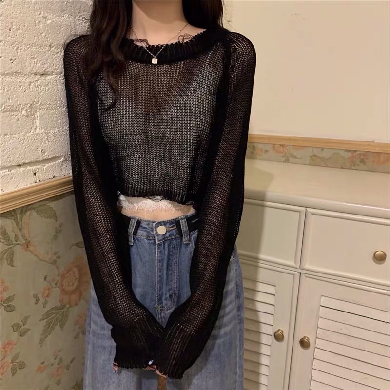 (KHÔNG KÈM BRA) Áo Croptop Dệt Kim Tay Dài Dáng Rộng Thiết Kế Rách Thời Trang - L07- Order Quảng Châu