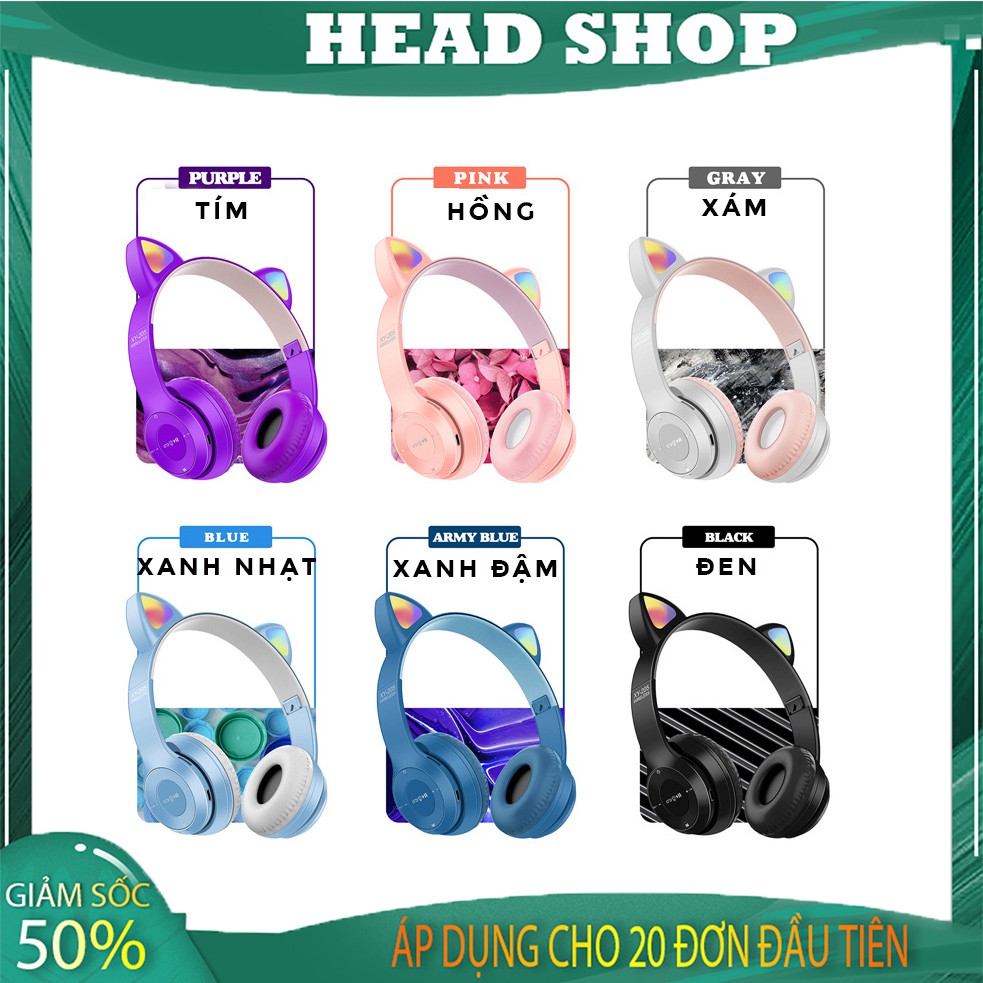 Tai Nghe mèo Bluetooth P47-M Chụp tai có Mic Headphone không dây Dễ Thương tai mèo nghe nhạc, chơi game HEADSHOP