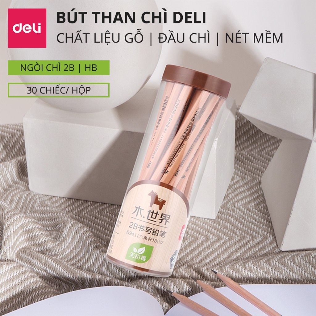 (30c) Bút chì thân gỗ tự nhiên giá rẻ - HB/2B - thân lục giác Deli S941/S943 - vẽ mỹ thuật phác thảo - vpp Diệp Lạc