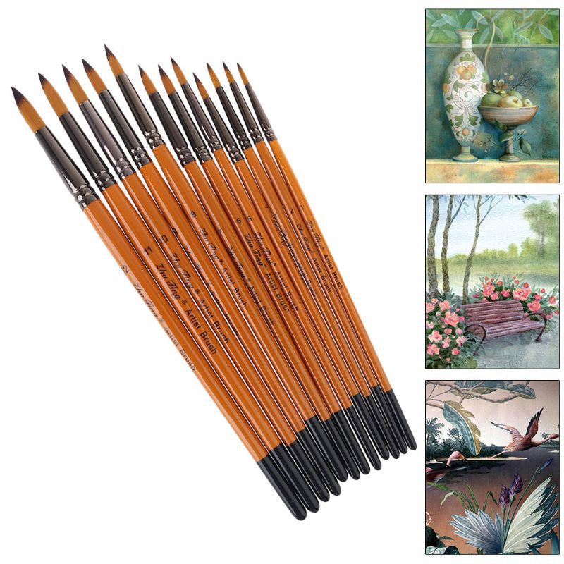 Bộ 12 Cọ Vẽ Màu Nước Acrylic Gouache Loại Tốt Chuyên Nghiệp Sợi Nylon