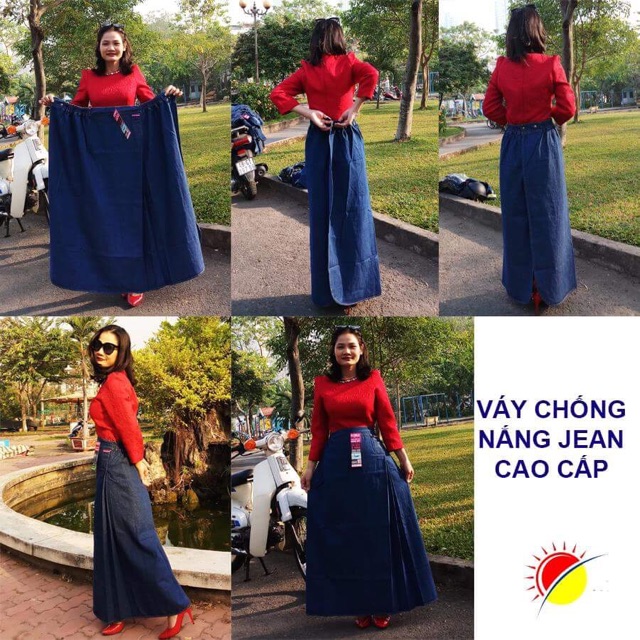 Váy chống nắng jean cao cấp thêu hoa nút bấm đồng bền đẹp che toàn thân Vietcharm Thiên Nga Hoa My | BigBuy360 - bigbuy360.vn