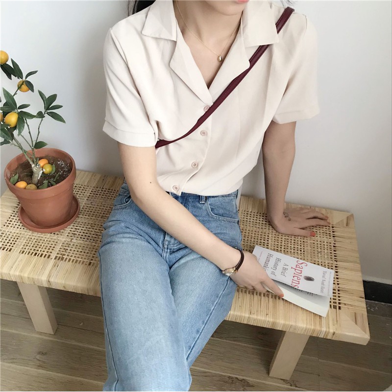 Áo sơ mi IELGY vải chiffon tay ngắn cổ chữ V thời trang cho nữ
