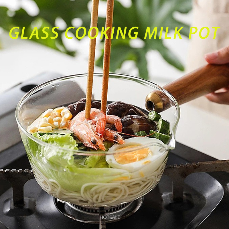 Nồi thủy tinh dày chịu nhiệt có tay cầm bằng gỗ đa dụng