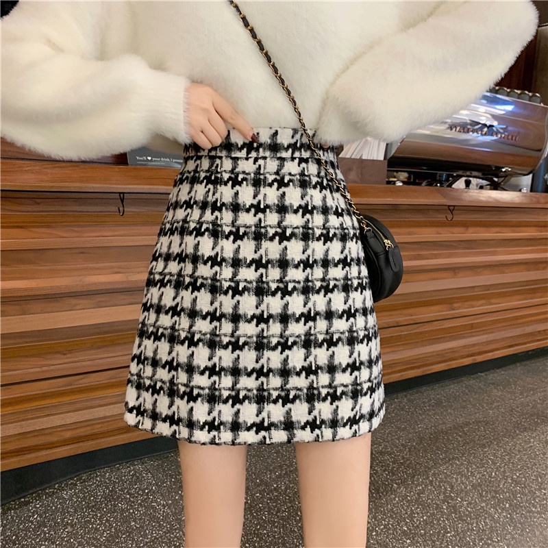 QKOOLE  Chân váy len chữ A lưng cao phong cách retro Hàn Quốc cho nữ