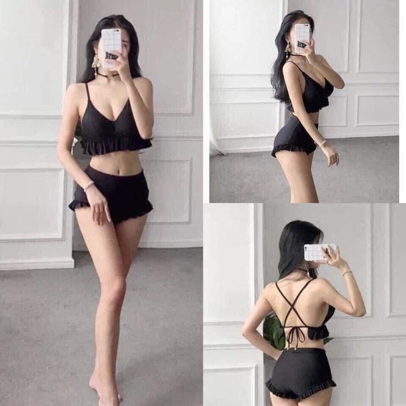 set bikini quần cạp cao áo cột lưng new 99%
