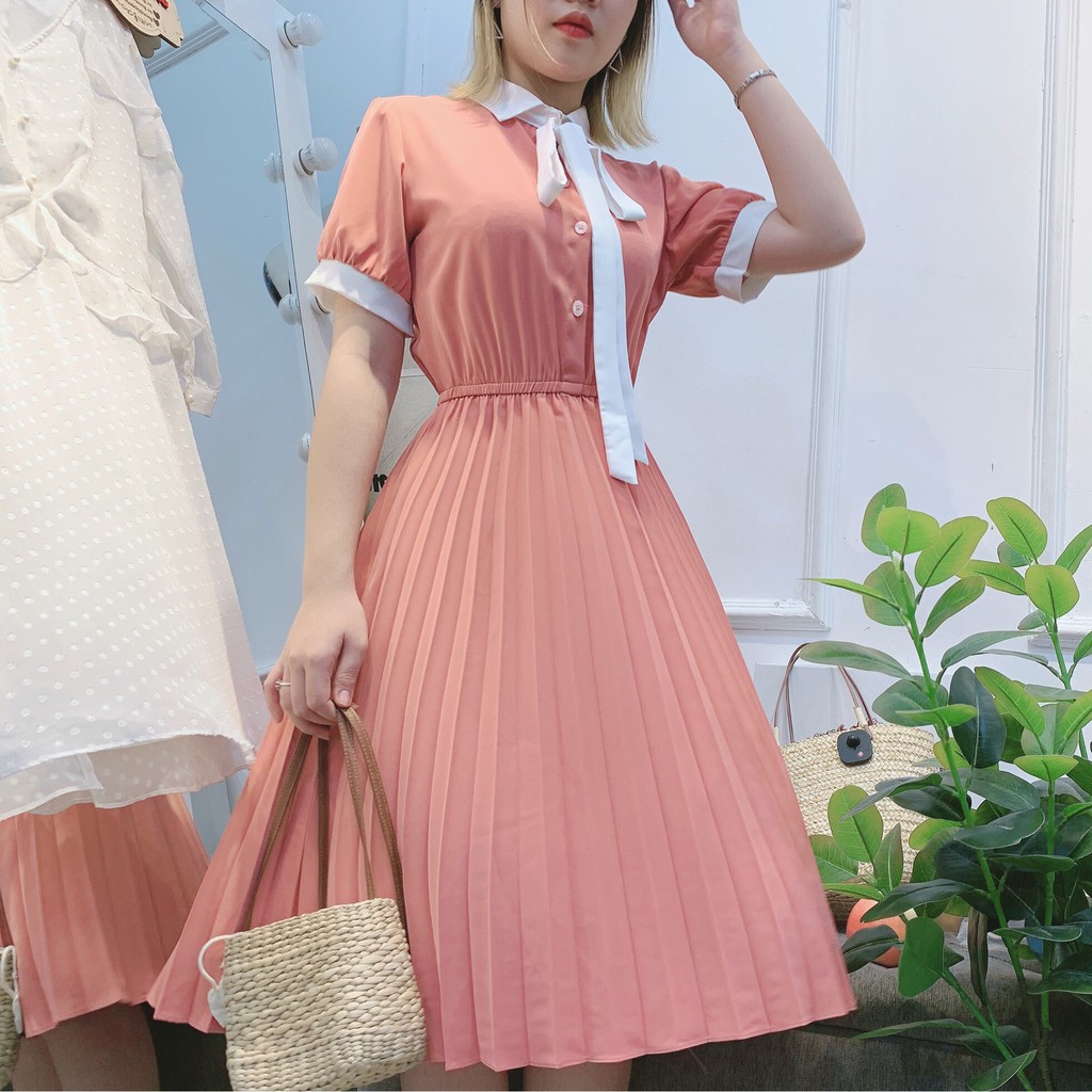 Đầm cổ đức chân ly phối trắng