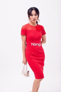 Đầm bút chì decoupe ngực, phối lưới