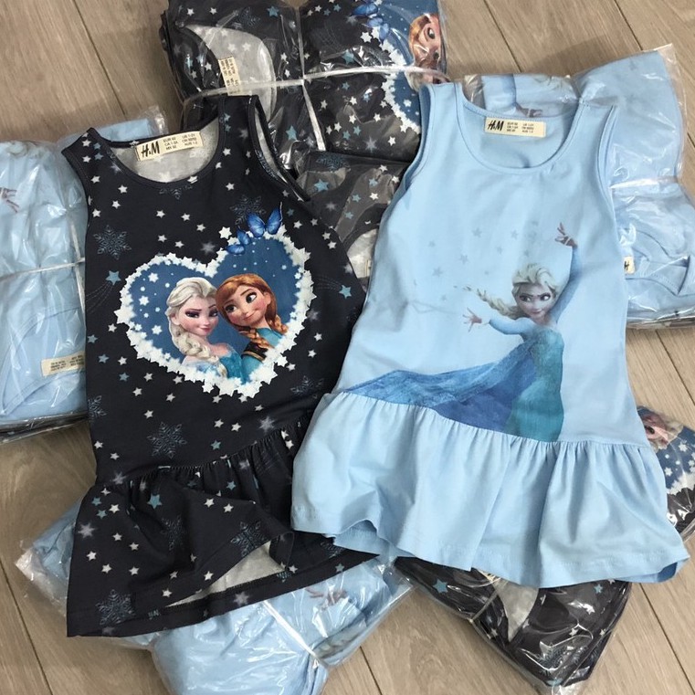 Váy đầm bé gái - Set 2 váy Elsa xanh HM chất cotton cho bé gái size 2-10 tuổi