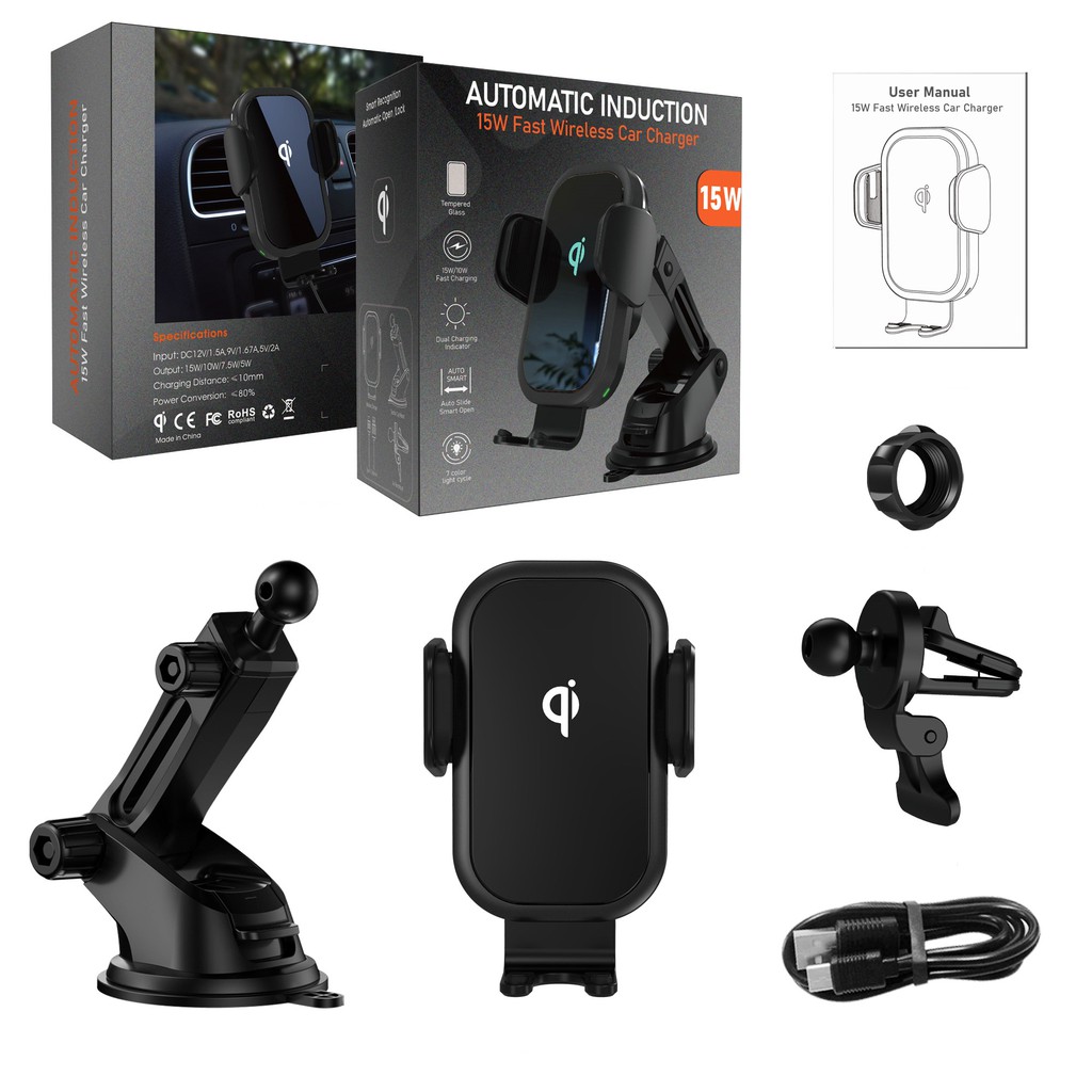 Bộ sạc ô tô không dây không dây, Sạc nhanh 15W / 10W / 7,5W Qi Giá treo tự động kẹp (Đen) | BigBuy360 - bigbuy360.vn