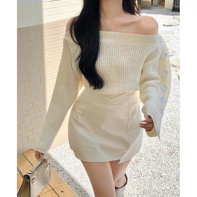 Set áo trắng len lệch vai tay phối nút kèm chân váy,set váy mùa đông,set đồ nữ đi chơi siêu xinh