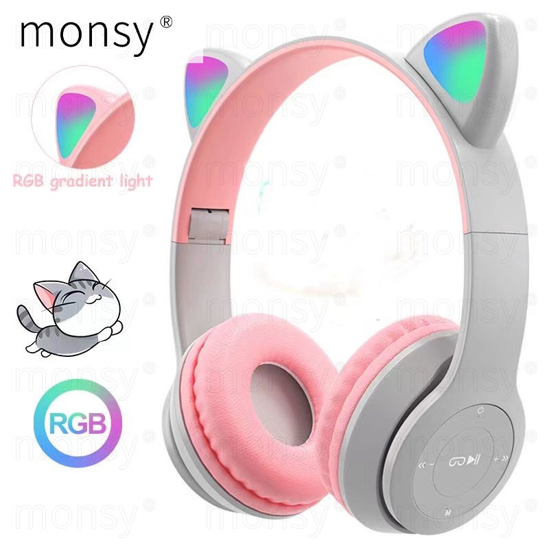 Tai Nghe Bluetooth Không Dây P47M Hình Tai Mèo Có Đèn LED