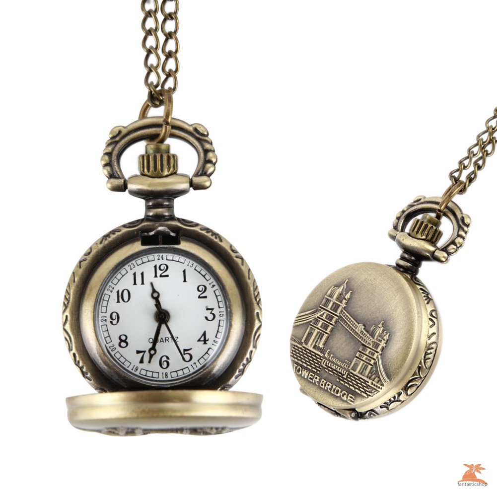 #Đồng hồ bỏ túi# Vintage Bridge Carved Round Quartz Fob Pocket Watch with Sweater Chain Necklace Gifts