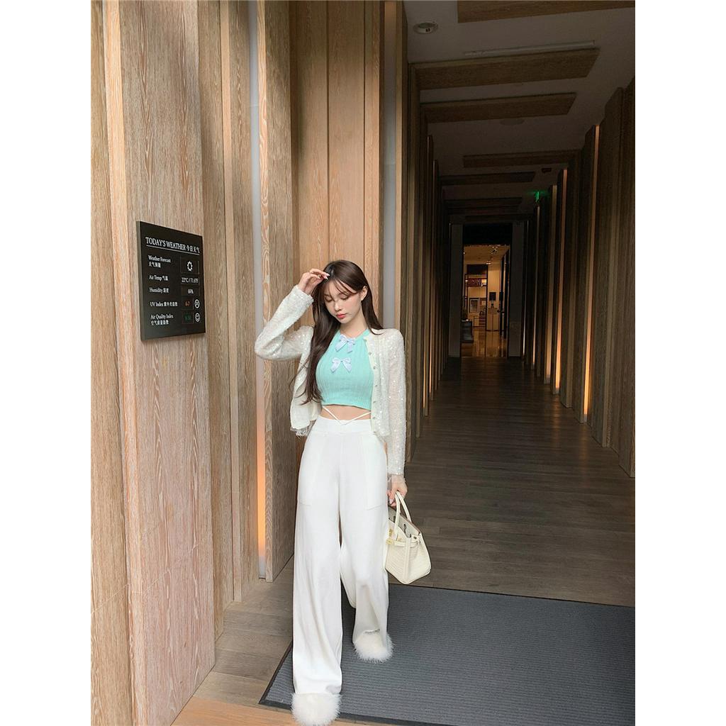 IELGY Áo Dệt Kim Hai Dây Thắt Nơ Ngắn Thời Trang Dành Cho Nữ