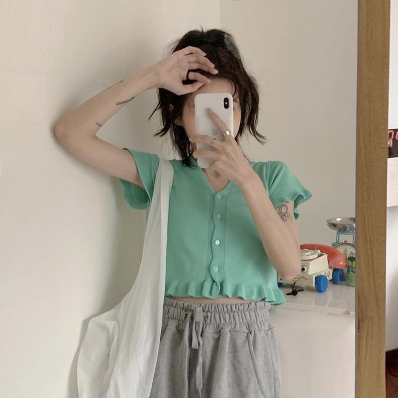 Áo croptop dệt kim ngắn tay màu trơn mùa hè cho nữ