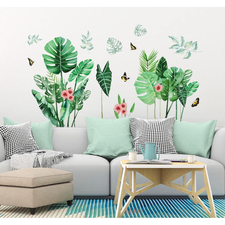 Decal trang trí tường - Lá dương xỉ và những bông hoa hồng nhỏ