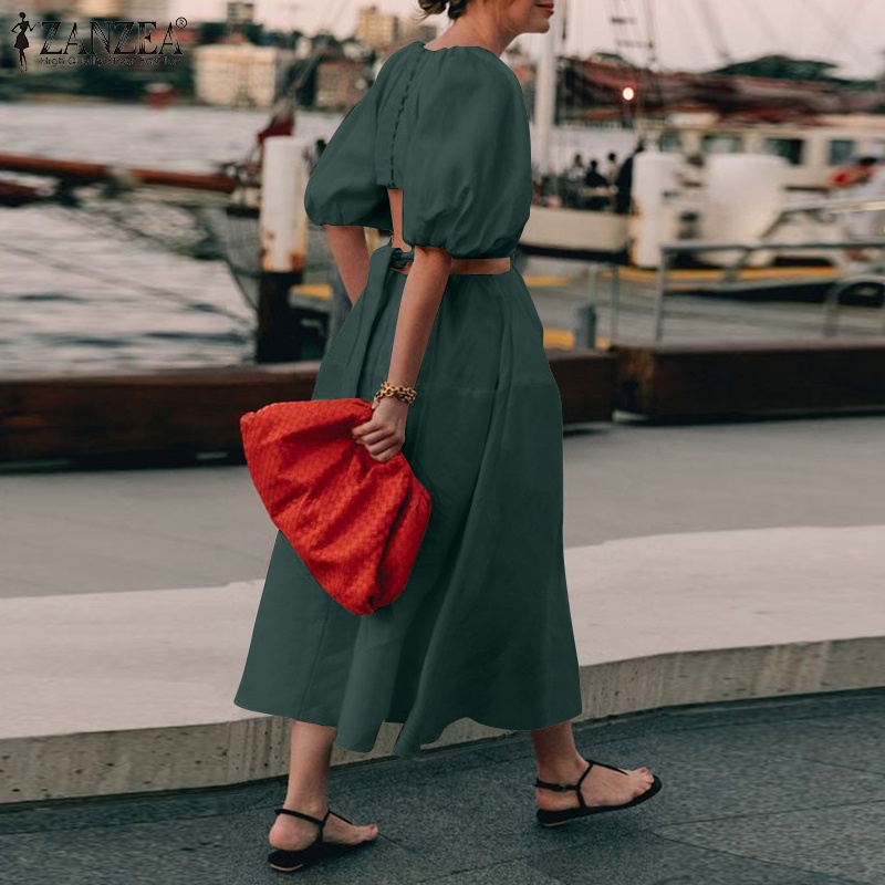 Đầm Zanzea thiết kế dài tay ngắn màu trơn thiết kế khoét eo phong cách châu Âu cho nữ