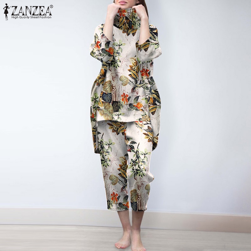 Bộ đồ ZANZEA gồm áo cổ lọ họa tiết hoa và quần ống rộng lưng thun thời trang Châu Âu dành cho bạn nữ