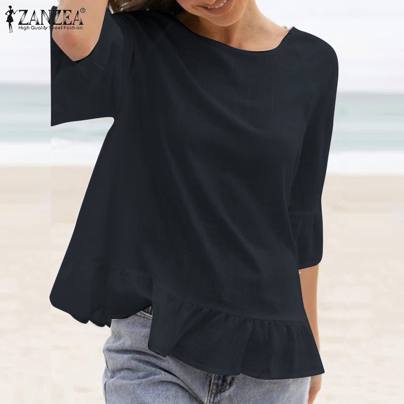 Áo Kiểu Cổ Tròn Tay 3/4 Nhún Bèo Màu Trơn Phong Cách Vintage ZANZEA Dành Cho Nữ