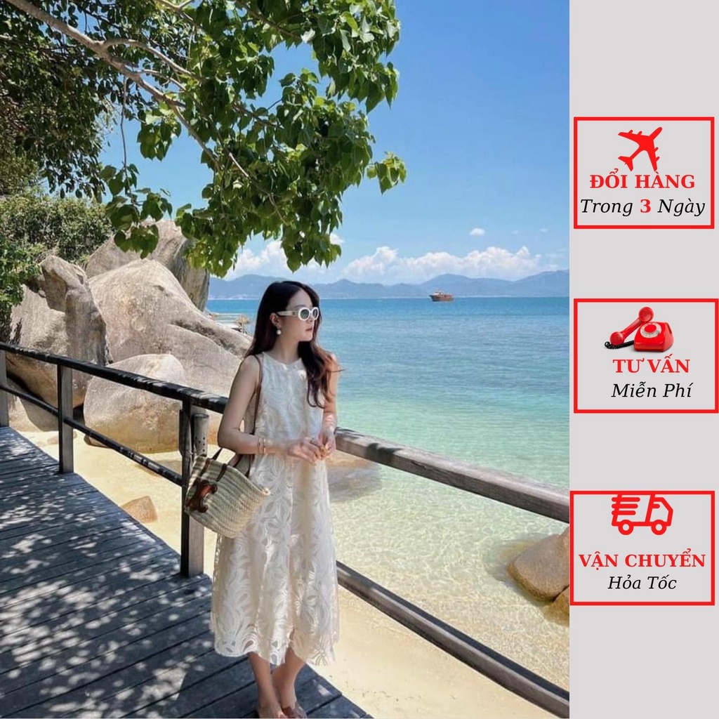 Váy ren nữ hoa nổi cổ yếm dáng suông dài maxi sát nách đi biển du lịch ulzzang Hàn Quốc đầm bầu