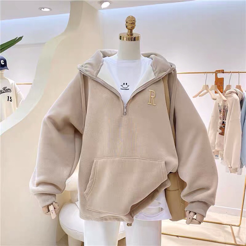Áo Hoodie Cổ Khóa Zip Chữ R Unisex CAREY - Aó Polo nỉ ngoại form rộng tay bồng oversize - Áo thu đông hàn quốc