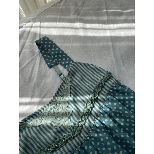 AXES FEMME Lolita Teal Blue Dress - Đầm hai dây siêu phẩm phối ren thêu tay chấm bi pattern mixing nhật bản