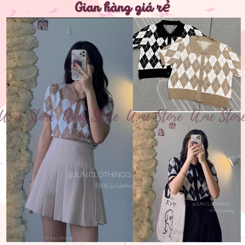 [Ảnh thật/Video] Áo len Polo Croptop Caro hình quả trám 2 màu dễ mix đồ