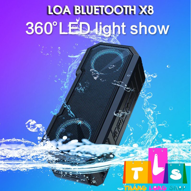 Loa Bluetooth không dây Chống nước X8 - Loa siêu trầm, âm thanh nổi, hỗ trợ thẻ nhớ, USB, có đèn LED