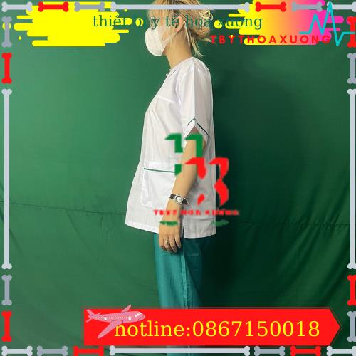 Bộ blouse cổ tim viền xanh lá cây nam nữ cộc tay - bộ scrubs kỹ thuật viên cho điều dưỡng, dược sỹ, y tá, bác sĩ