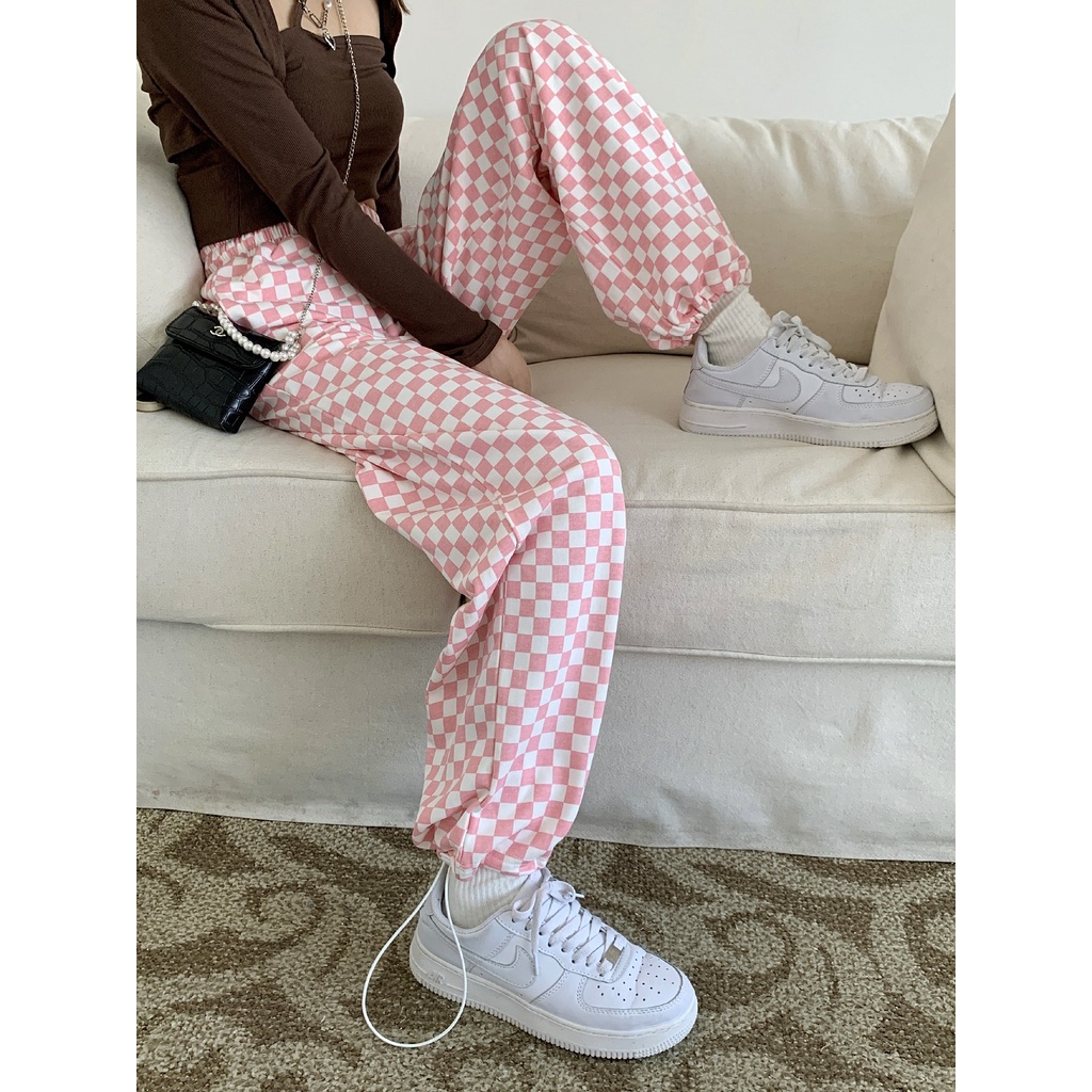 Quần ống rộng Sọc Ca Rô Hồng Thời Trang Trẻ Trung Cho Nữ size S-4XL