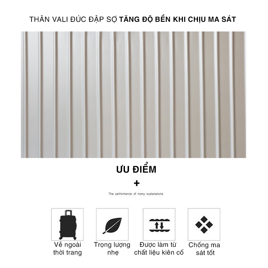 VALI KÉO CAO CẤP / PC + ABS / Size 20 - 24 -28 Inch Màu Hồng Trắng + Tặng miếng dán sticker trong mỗi vali  L002