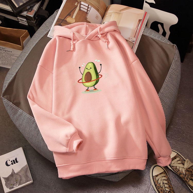 Áo Hoodie nỉ nữ chất liệu dày dặn mũ trùm đầu to in hình quả bơ xinh xắn