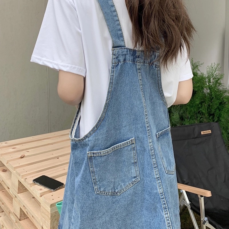 Váy Yếm Jean Nữ Màu Xanh Có Túi Trước Phom Rộng, Yếm Bò Basic Có Dây Điều Chỉnh Phong Cách Hàn Quốc Loại 1 Đủ Size
