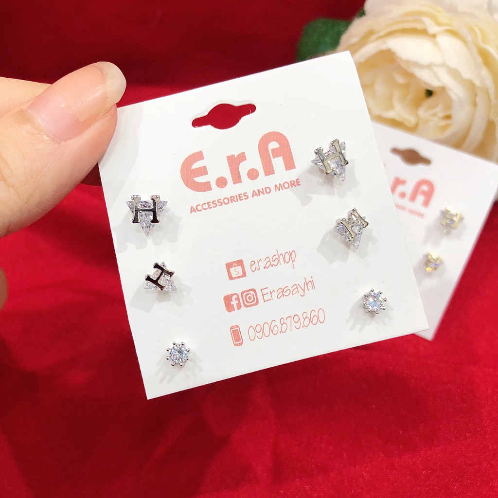 Set 3 Đôi Bông Tai Nữ Bạc 925 Cao Cấp ERASHOP 078102 - Chữ H Đá Nhỏ Gọn, Đơn Giản, Siêu Rẻ Đẹp