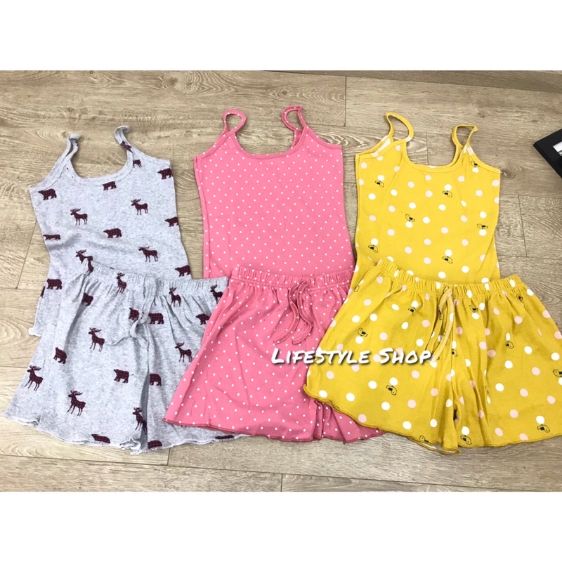 Set bộ ngủ Áo 2 dây + quần short thun hoạ tiết