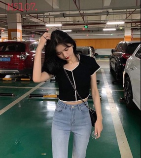 ÁO CROPTOP NÚT GÀI PHỐI VIỀN (ảnh thật)