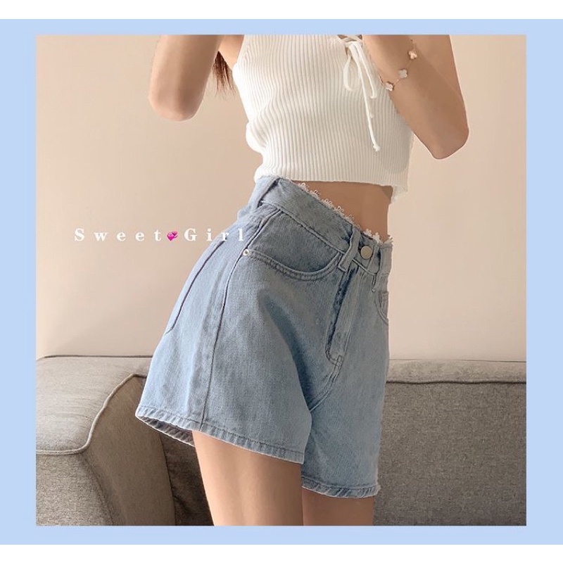 Quần jean ngắn ống rộng lưng cao thời trang nữ