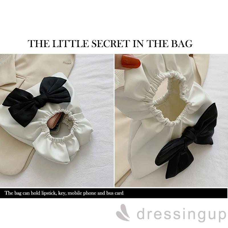 DRE-Women Elastic Rubber Band Handbag, Ruched Tote Bag with Bow Knot Decor, White/ Black