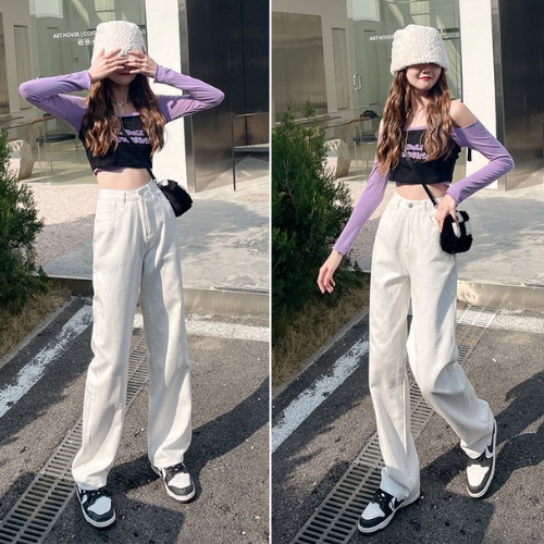 Quần jean nữ ống suông dáng dài lưng cạp cao chất liệu kaki jean bò màu nâu đen trắng phong cách Hàn Quốc trẻ trung